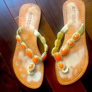 Mystique sandals in leather and with orange and diamond like gemstones